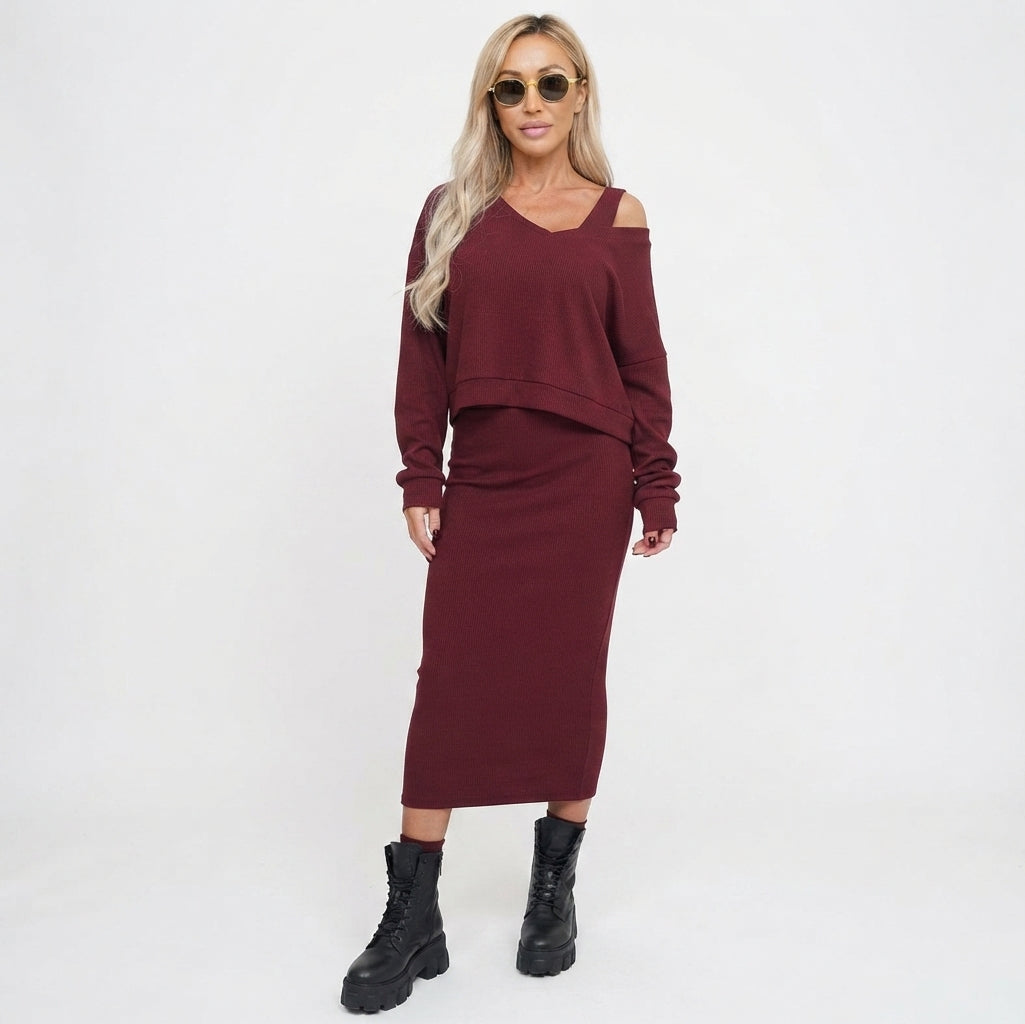 Adrienne Soleil | Ensemble assorti sweat-shirt beige court et jupe longue