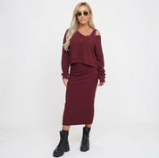 Adrienne Soleil | Ensemble assorti sweat-shirt beige court et jupe longue