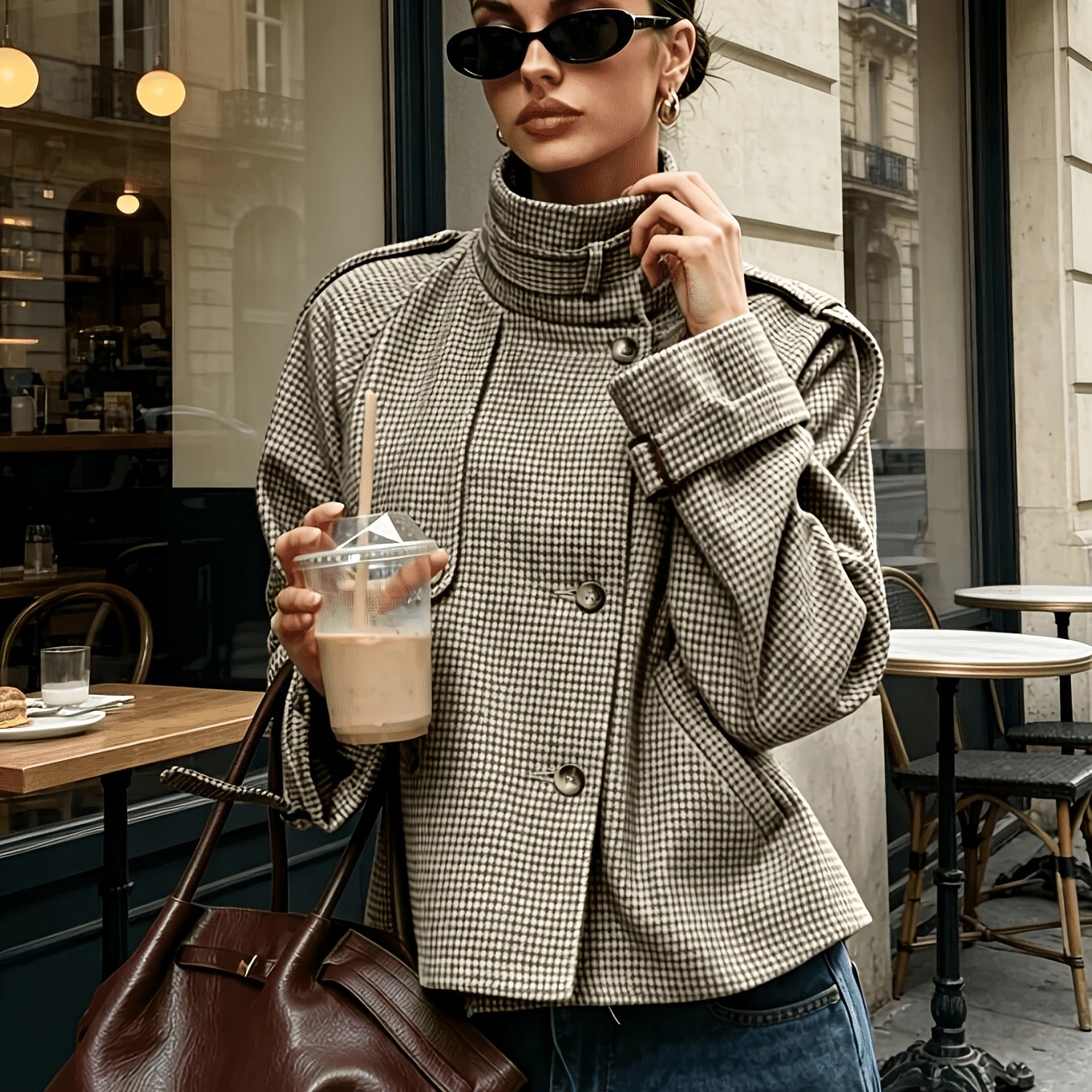Clarissa Bellamy | Houndstooth Stand-Collar Cropped Jacket