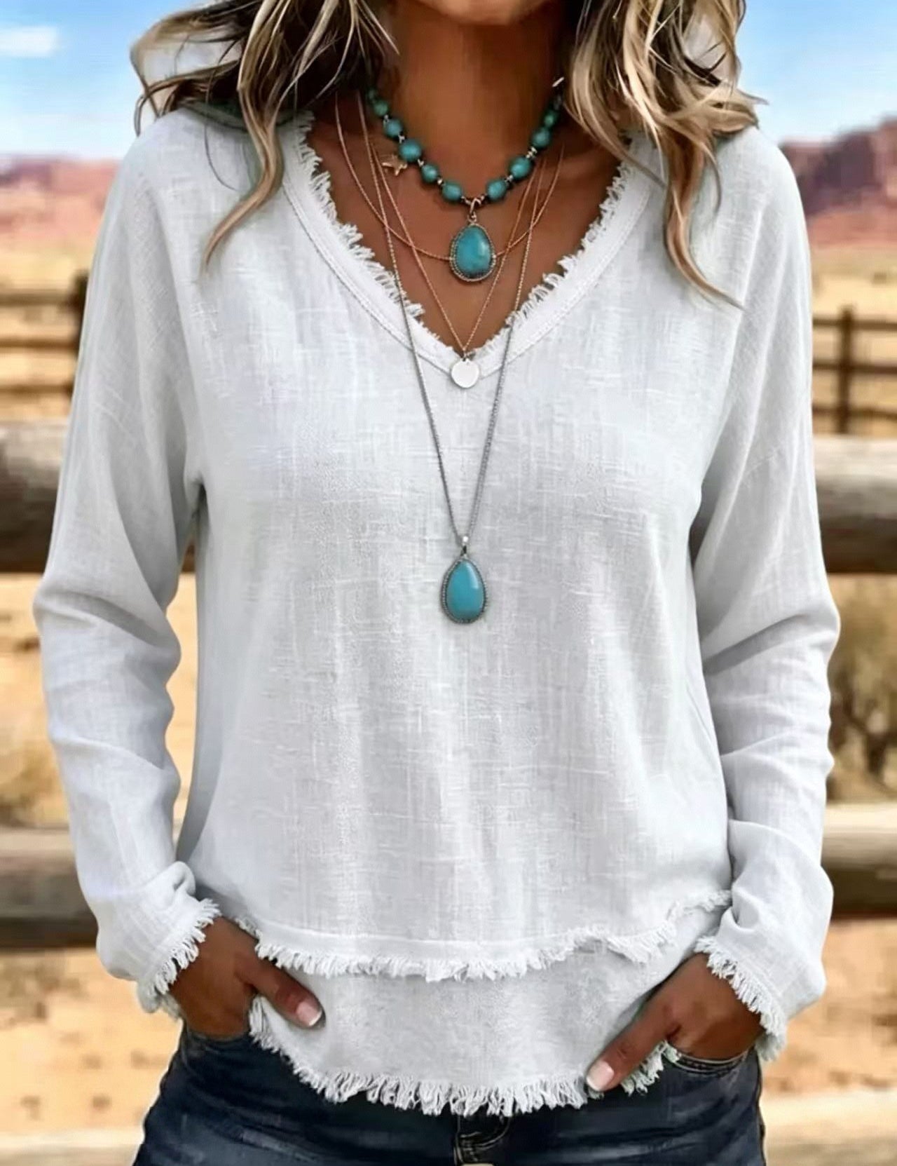 Susannah Fairweather | Pink Frayed-Edge V-Neck Top
