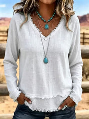Susannah Fairweather | Pink Frayed-Edge V-Neck Top