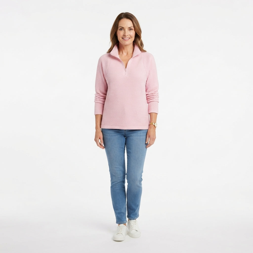 Arabella Roberts | Ribbed Half-Zip Pullover in Pink