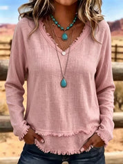 Susannah Fairweather | Pink Frayed-Edge V-Neck Top
