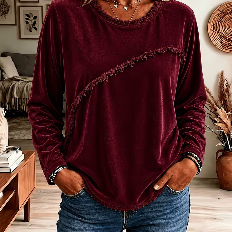Daisy Wood | Velvet Tassel-Trim Round Neck Long Sleeve Top