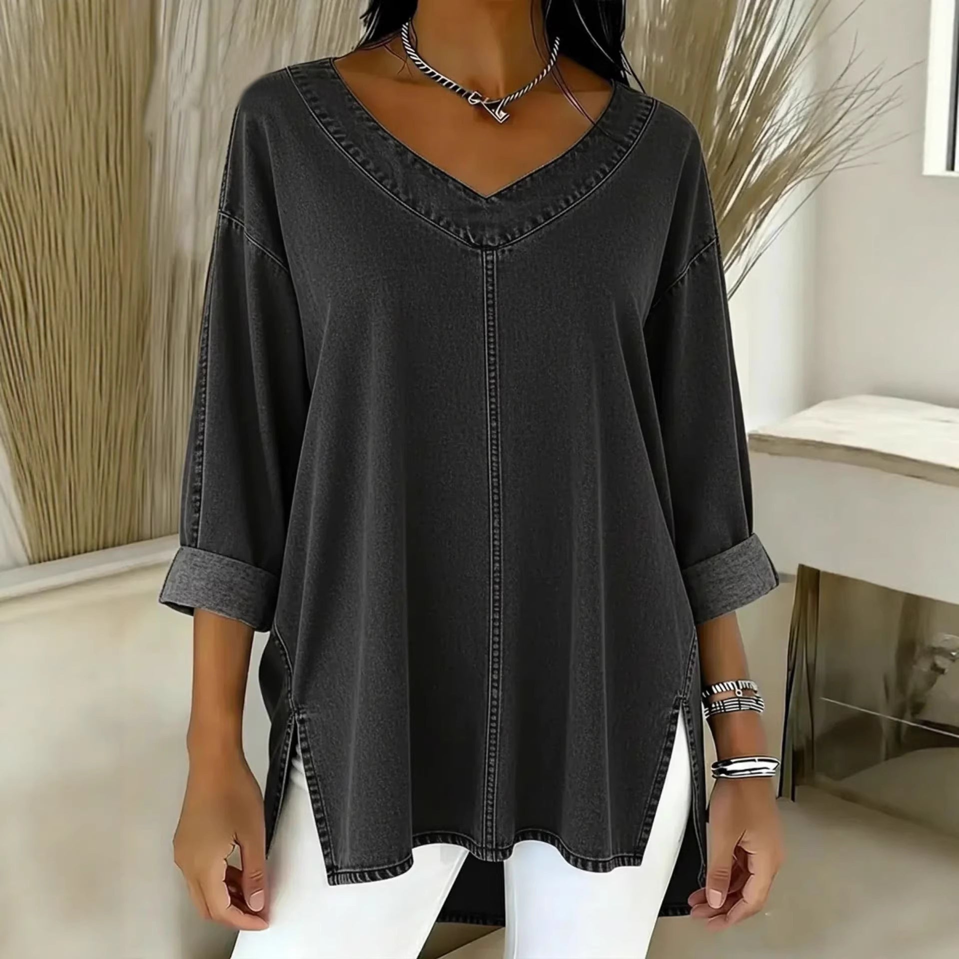 Amelia Kensington | Denim V-Neck Blouse For Women