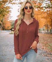 Harriet Baker | Ribbed Button-Front Hoodie Sweater