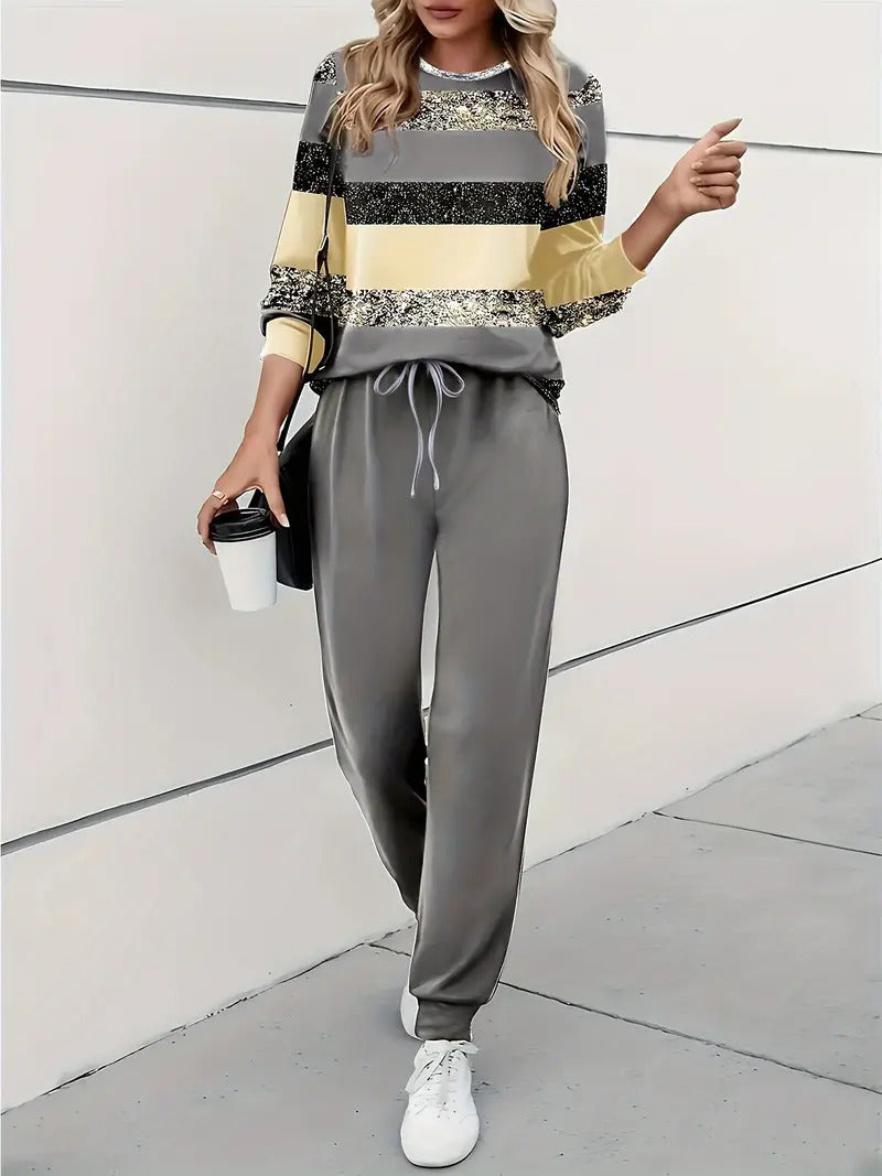 Edith Hall | Ensemble haut à sequins rayés et pantalon jogger
