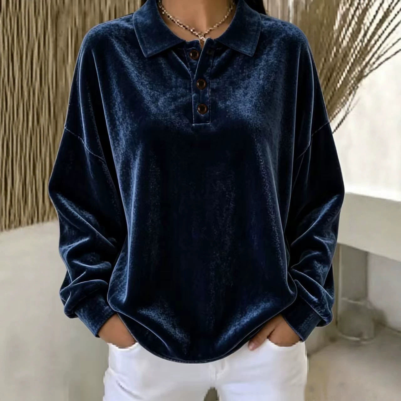 Victoria Cooper | Pink Velvet Long-Sleeve Polo Shirt