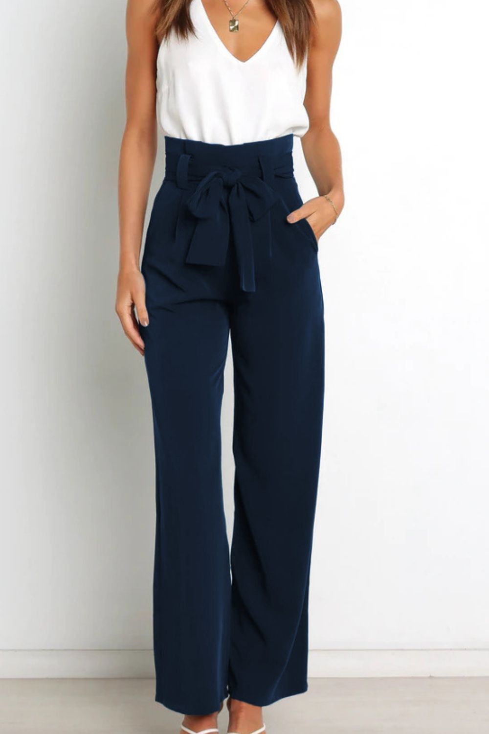 Isabelle Fontaine | Navy High Waist Paperbag Trousers with Bow Detail