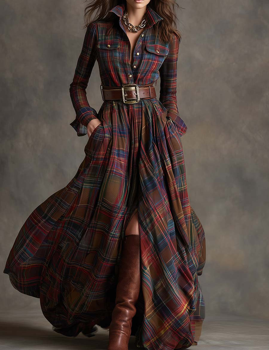Cecily Hartwood | Green Tartan Maxi Shirt Dress with Belt
