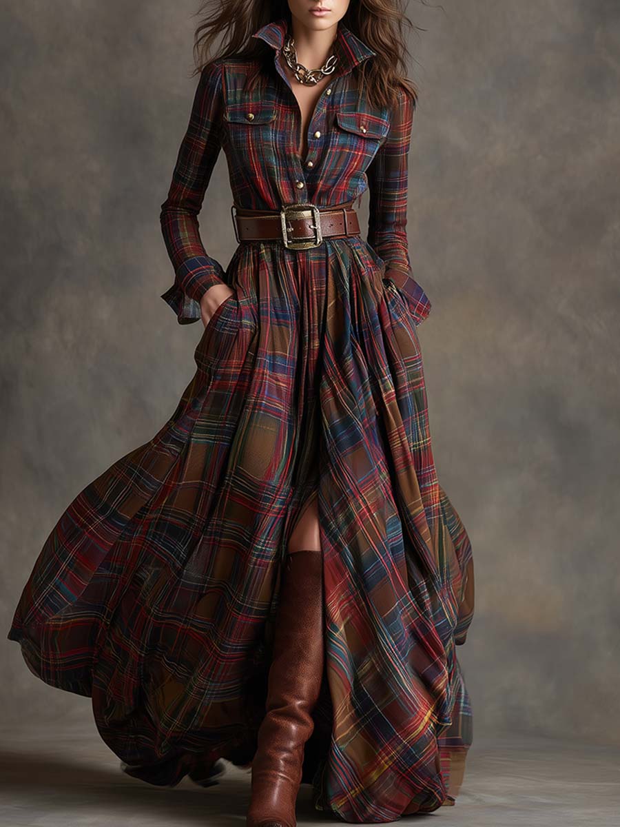 Cecily Hartwood | Robe-chemise longue à carreaux tartan verts avec ceinture