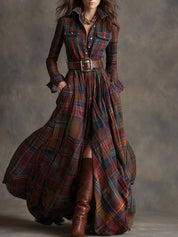 Cecily Hartwood | Robe-chemise longue à carreaux tartan verts avec ceinture
