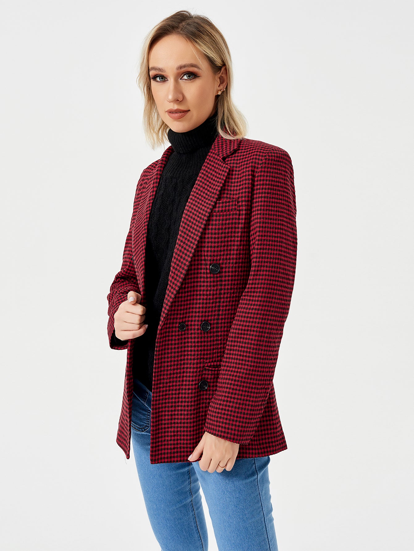 Charlotte Bennett | Houndstooth Work Jacket With Double-Breasted Lapel