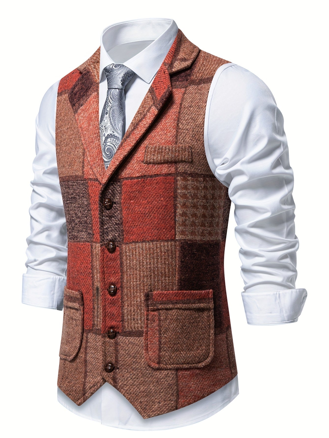Penelope Shaw | Gilet en tweed patchwork bordeaux et marron