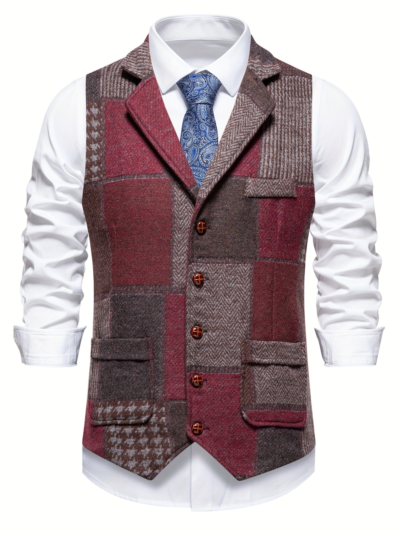 Penelope Shaw | Gilet en tweed patchwork bordeaux et marron