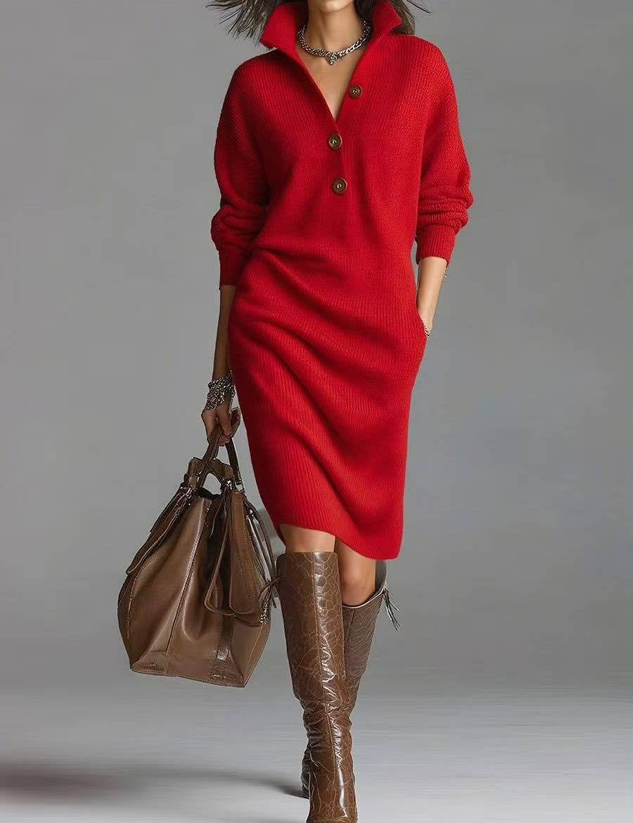 Emma Roberts | Ribbed Knit Midi Dress With Button Collar
