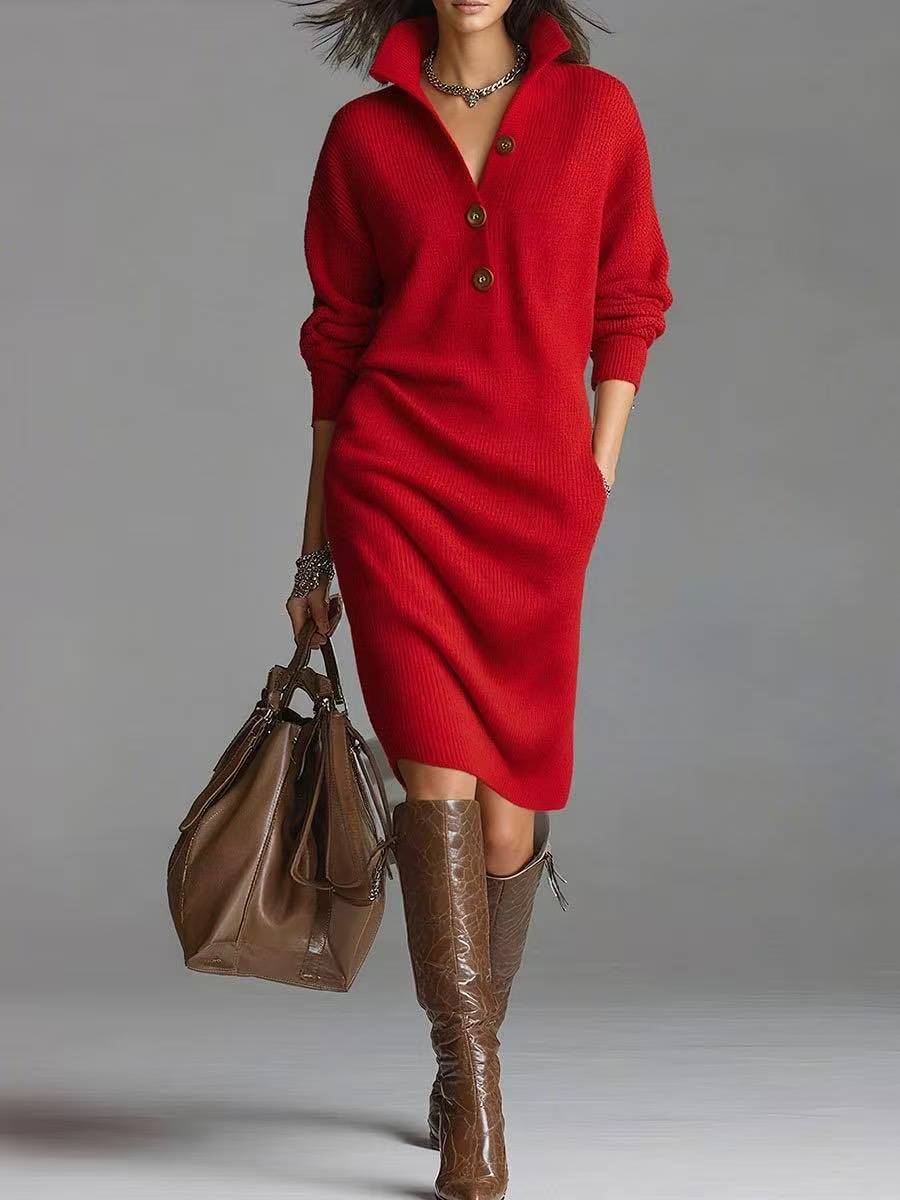 Emma Roberts | Ribbed Knit Midi Dress With Button Collar