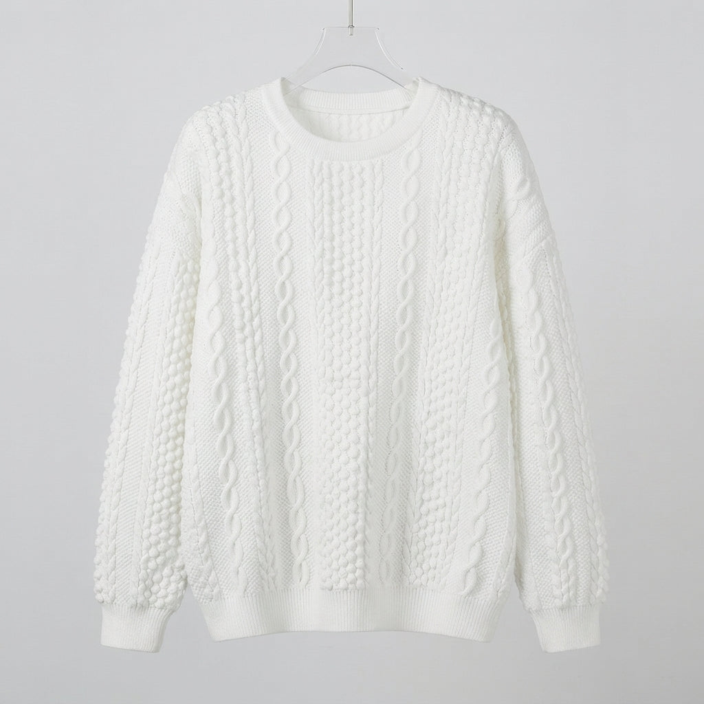 Beatrice Turner | White Cable Knit Crew-Neck Sweater