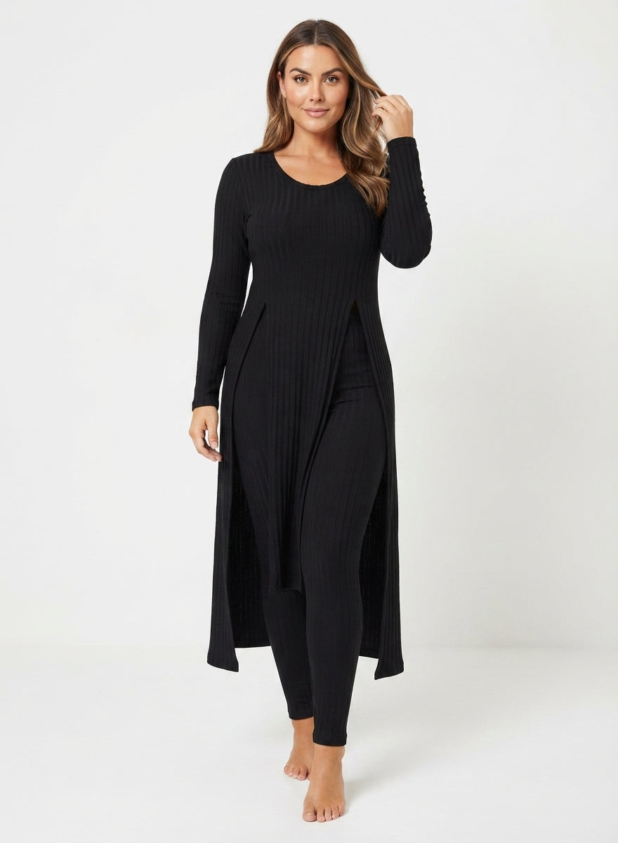 Bridget Murray | Ensemble coordonné avec cardigan long et pantalon en maille côtelée