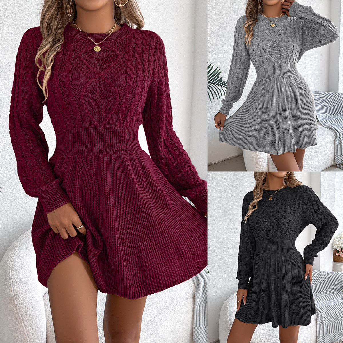 Daisy Hall | Grey Cable Knit Fit-and-Flare Sweater Dress
