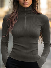 Olivia Thomas | Ribbed Zip Turtleneck Knit Top