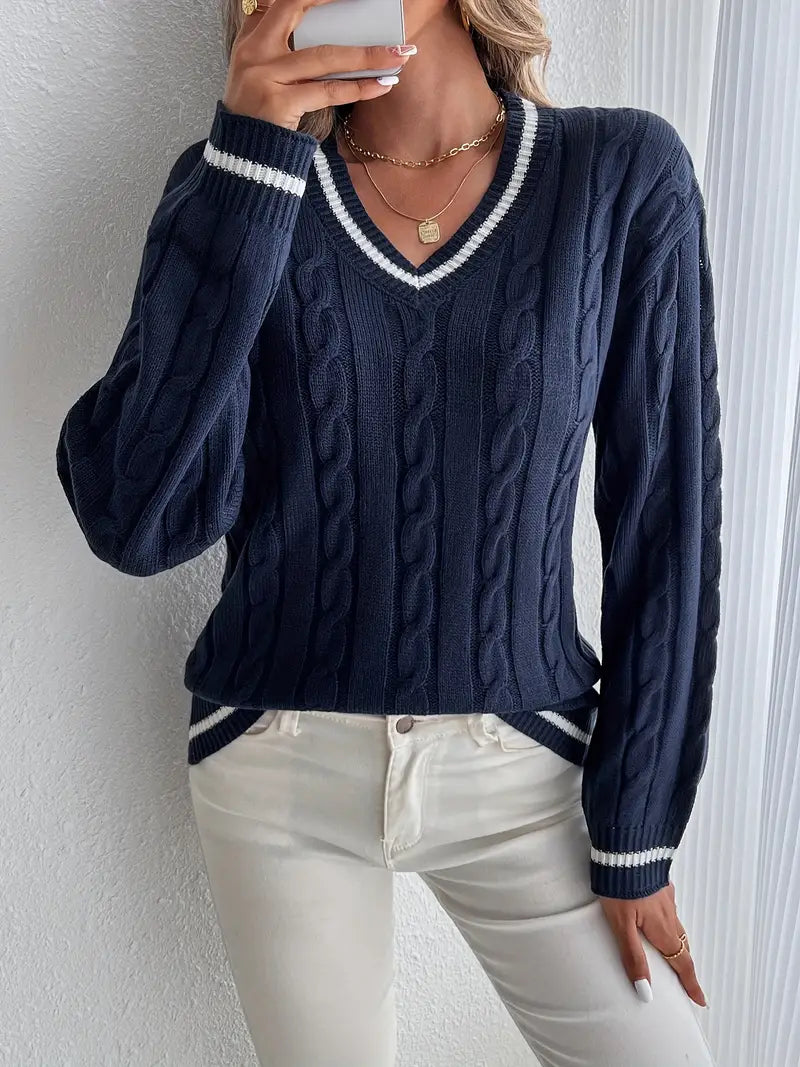 Lydia Campbell | Navy Cable Knit V-Neck Sweater