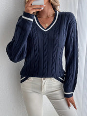 Lydia Campbell | Navy Cable Knit V-Neck Sweater