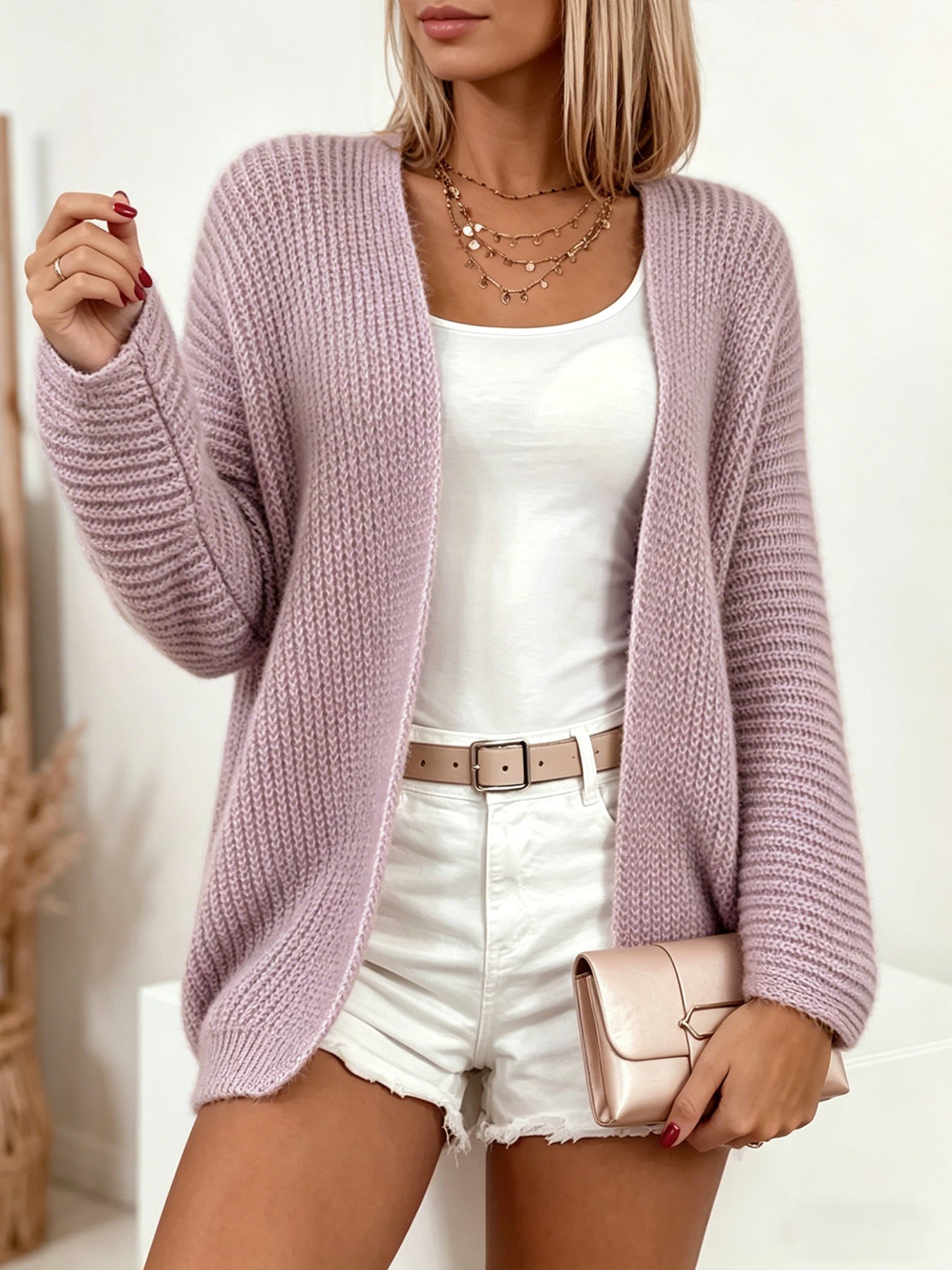 Lydia Robinson | Purple Ribbed Knit Open-Front Cardigan