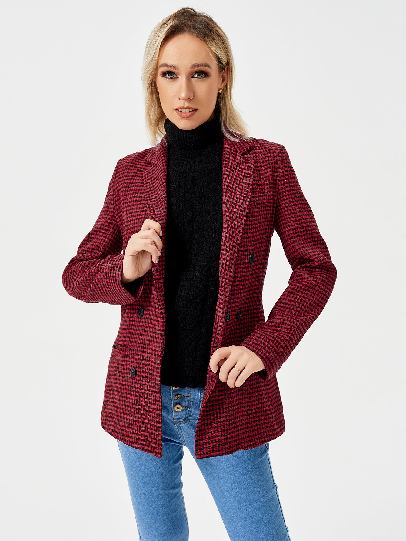 Charlotte Bennett | Houndstooth Work Jacket With Double-Breasted Lapel