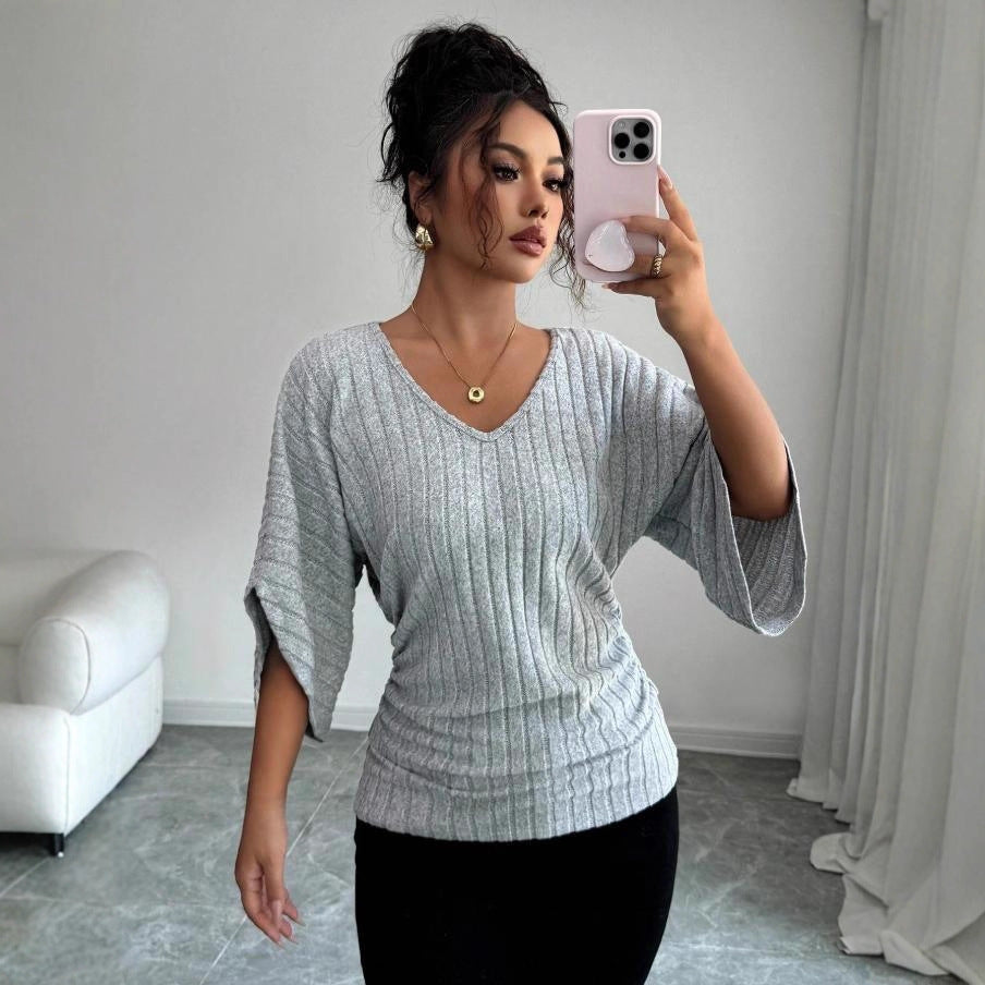 Emma Smith | Ribbed Knit V-Neck Batwing Sleeve Top