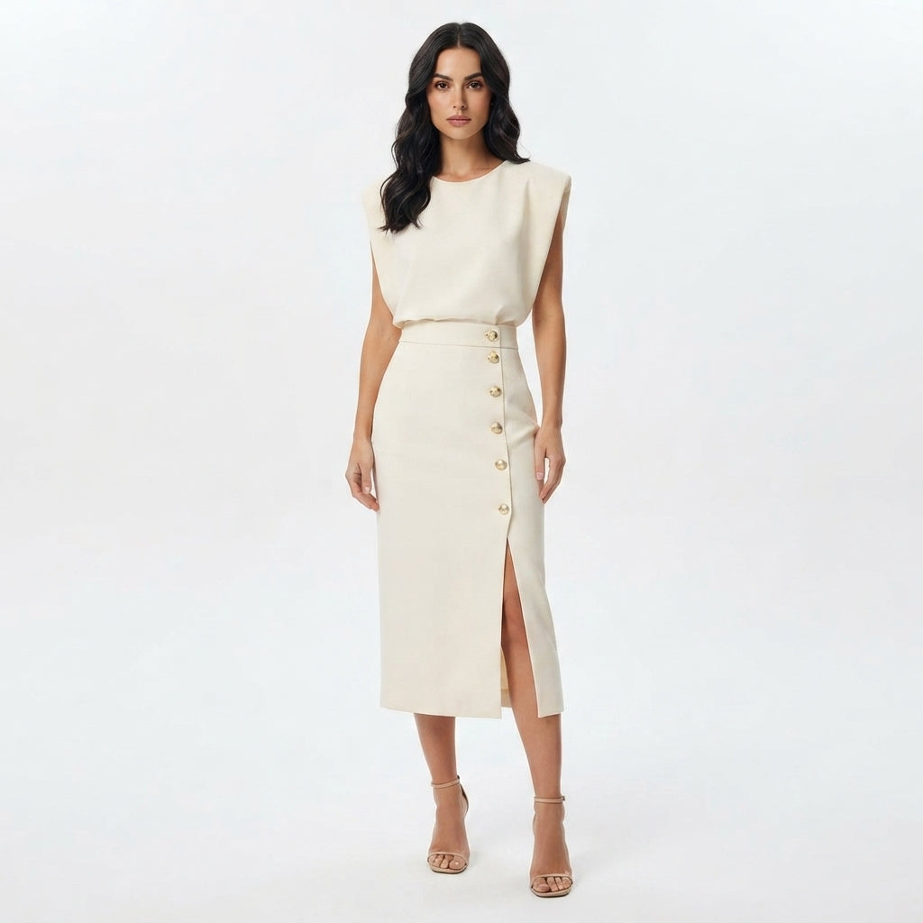 Charlotte Bellamy | Robe midi élégante à détails boutonnés pour femmes