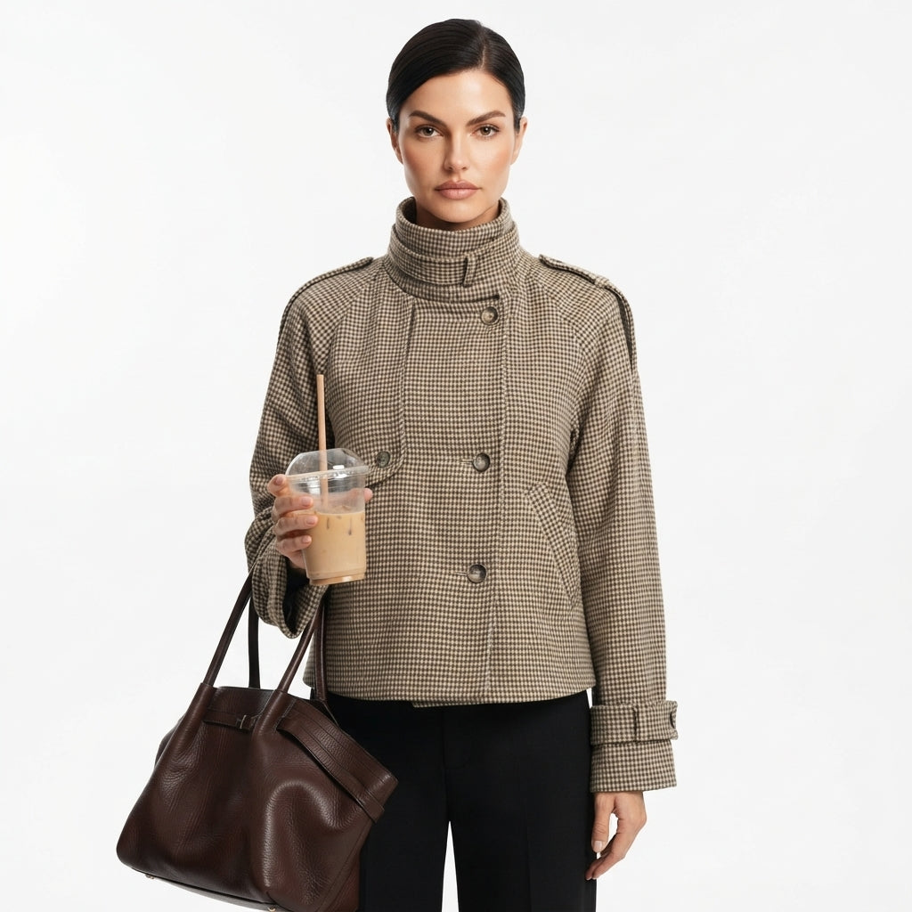 Clarissa Bellamy | Houndstooth Stand-Collar Cropped Jacket