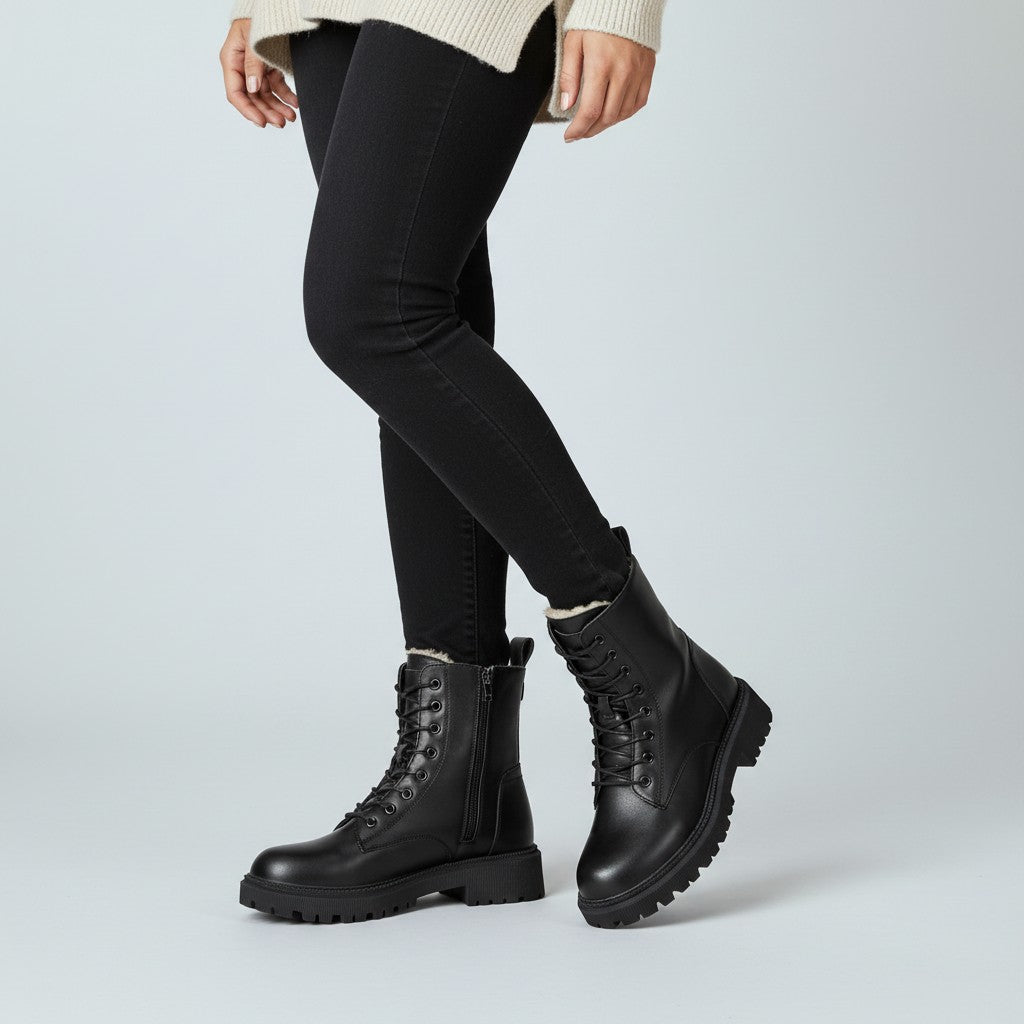 Phoebe Harrison | Black Lace-Up Ankle Boots with Faux Fur Lining