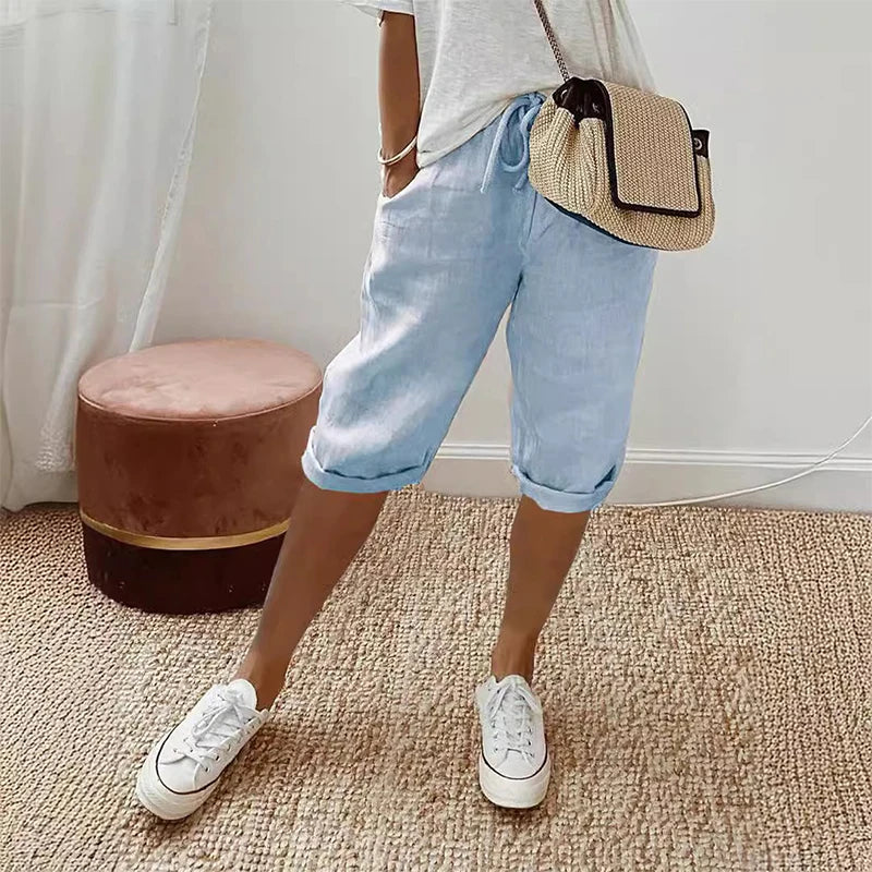 Margaux Belleville | Cotton Linen Capri Pants in Beige