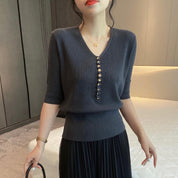 Georgina Hughes | Green Knit V-Neck Button Top