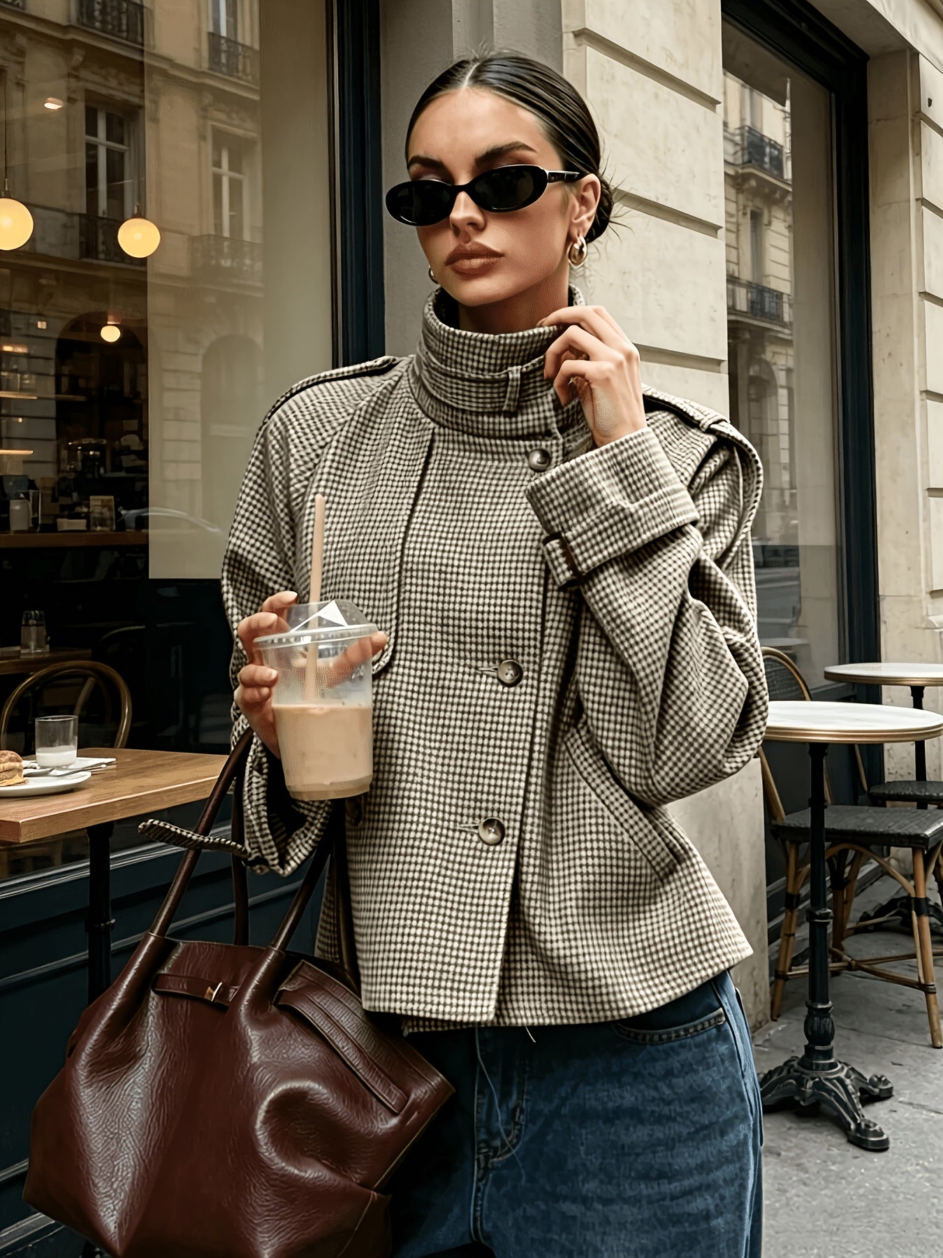 Clarissa Bellamy | Houndstooth Stand-Collar Cropped Jacket