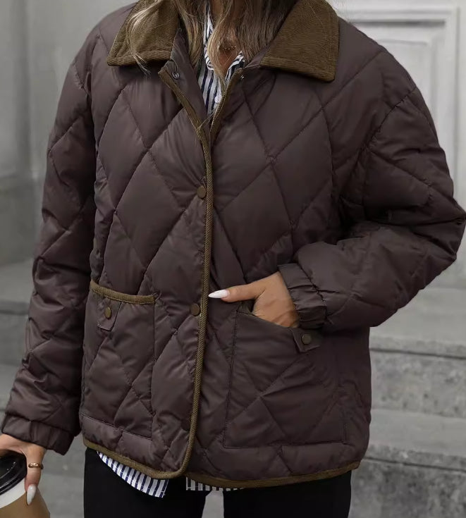 Matilda Evans | Quilted Diamond-Stitch Coat with Contrast Lapel Collar