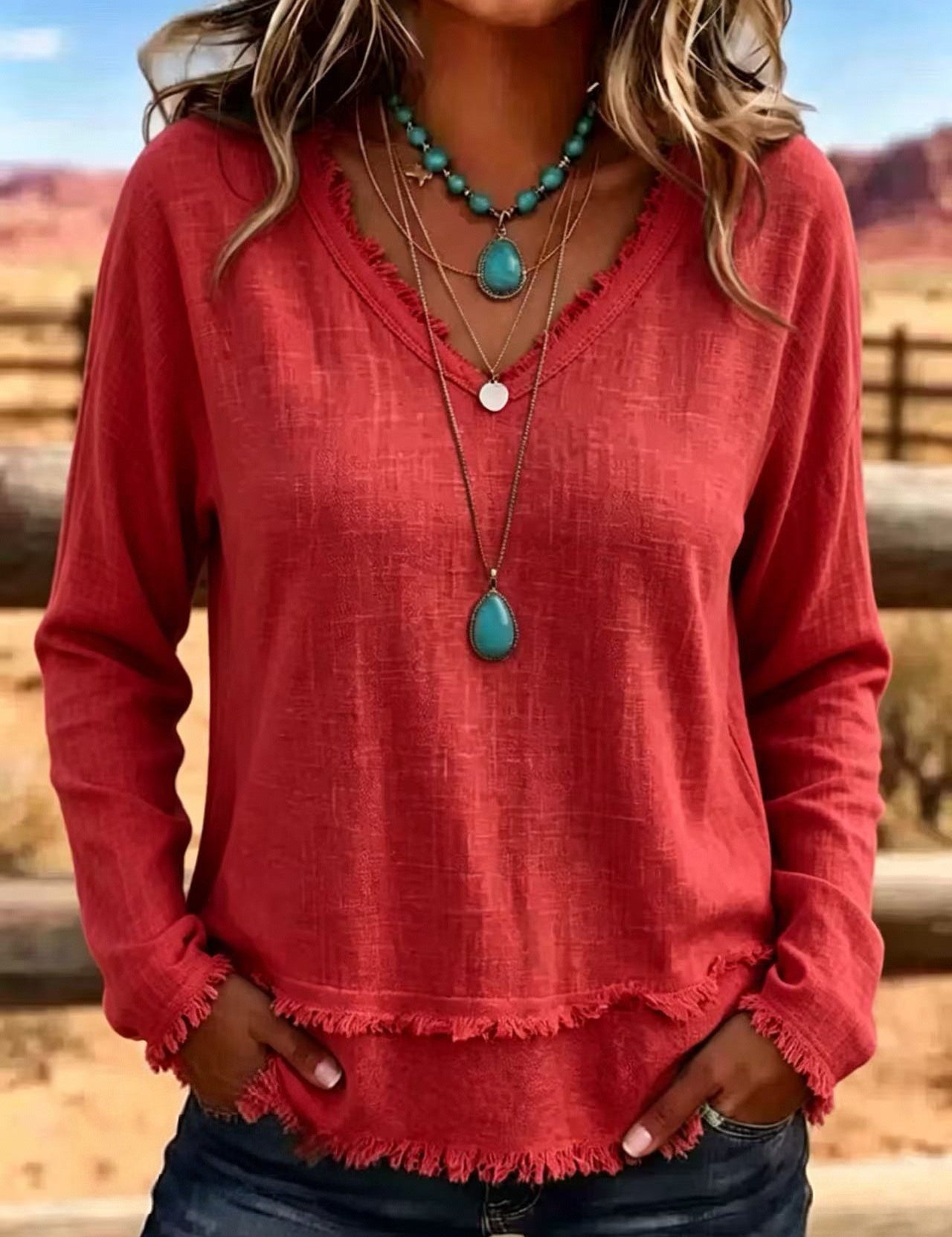 Susannah Fairweather | Pink Frayed-Edge V-Neck Top