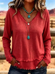 Susannah Fairweather | Pink Frayed-Edge V-Neck Top