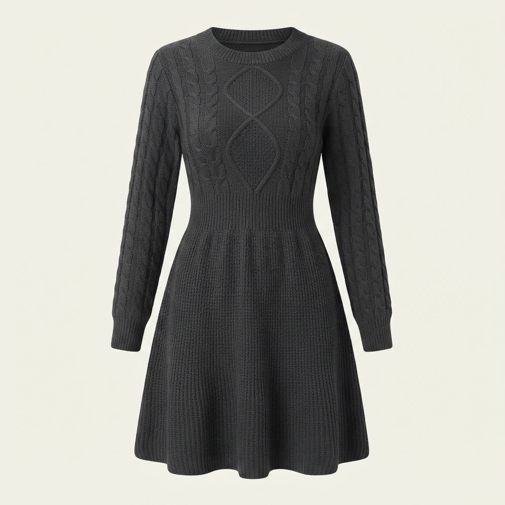 Daisy Hall | Grey Cable Knit Fit-and-Flare Sweater Dress