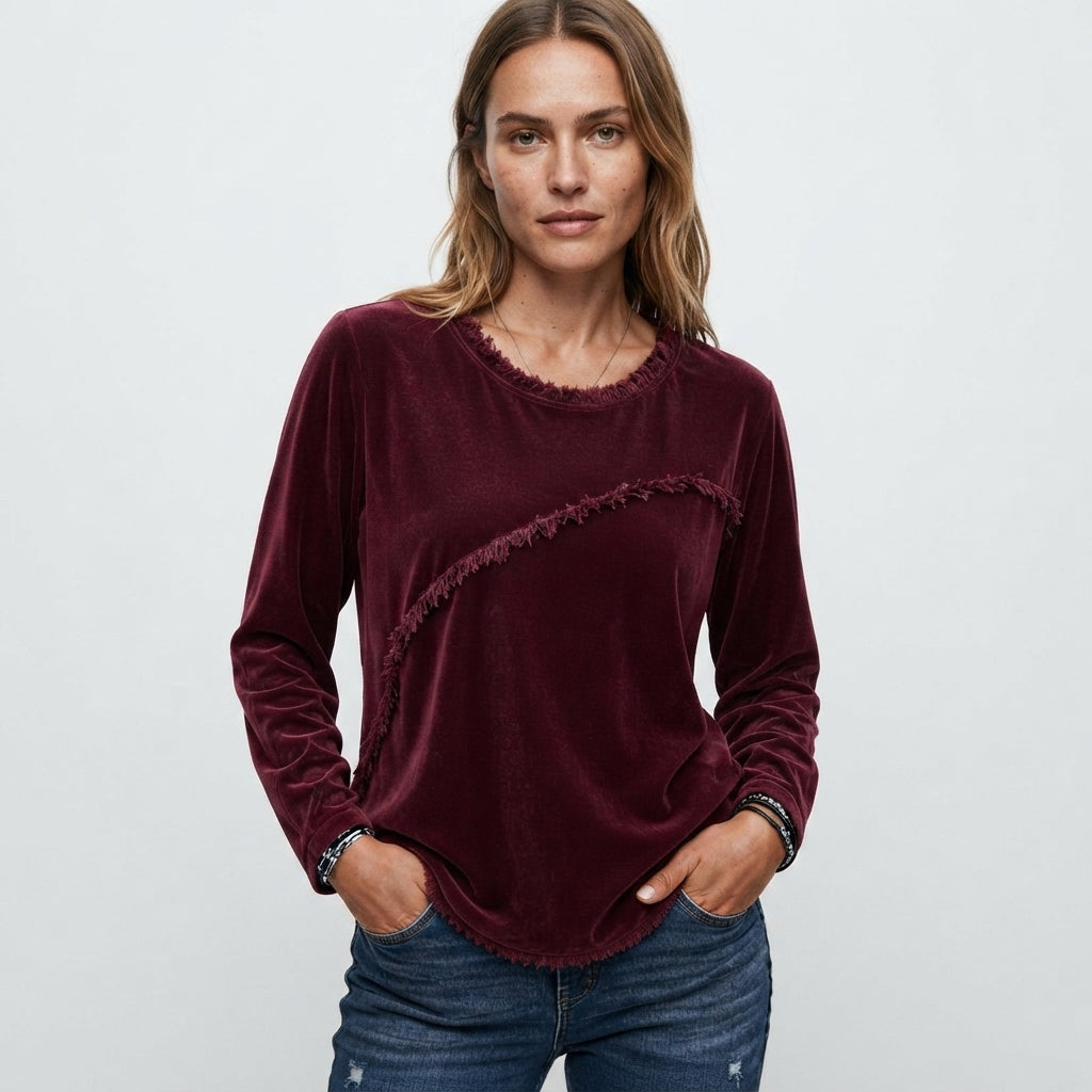 Daisy Wood | Velvet Tassel-Trim Round Neck Long Sleeve Top