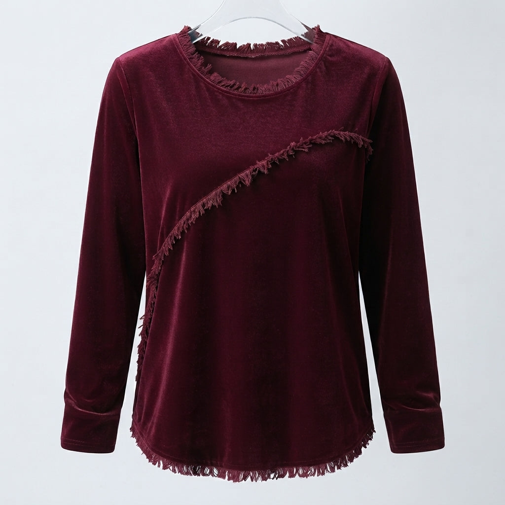 Daisy Wood | Velvet Tassel-Trim Round Neck Long Sleeve Top