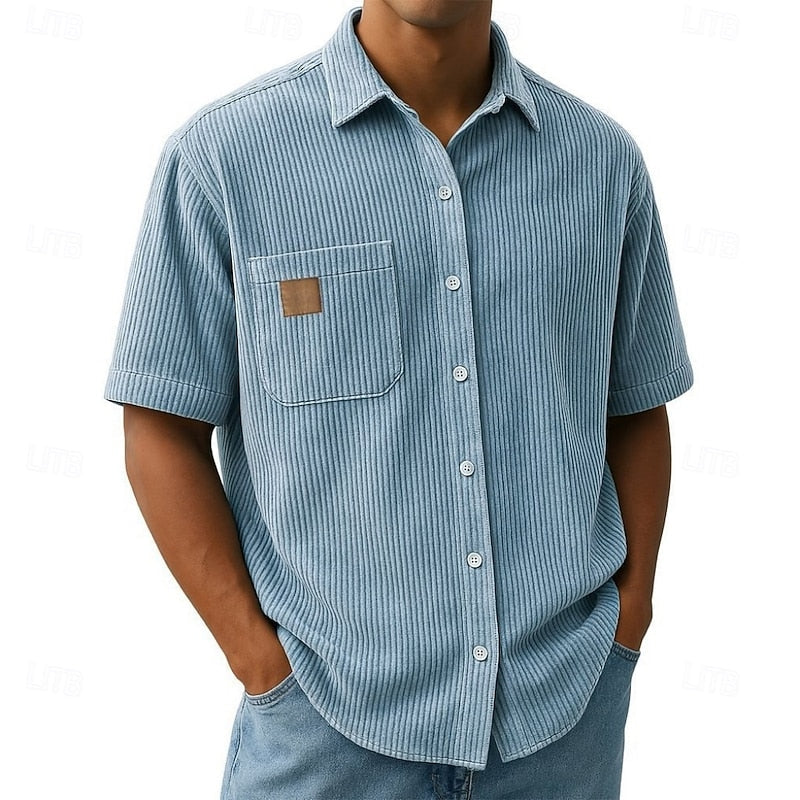 Thomas Hill | Chemise haut de gamme à manches courtes en velours côtelé bleu