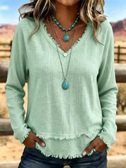 Susannah Fairweather | Pink Frayed-Edge V-Neck Top