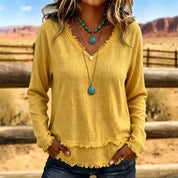 Susannah Fairweather | Pink Frayed-Edge V-Neck Top