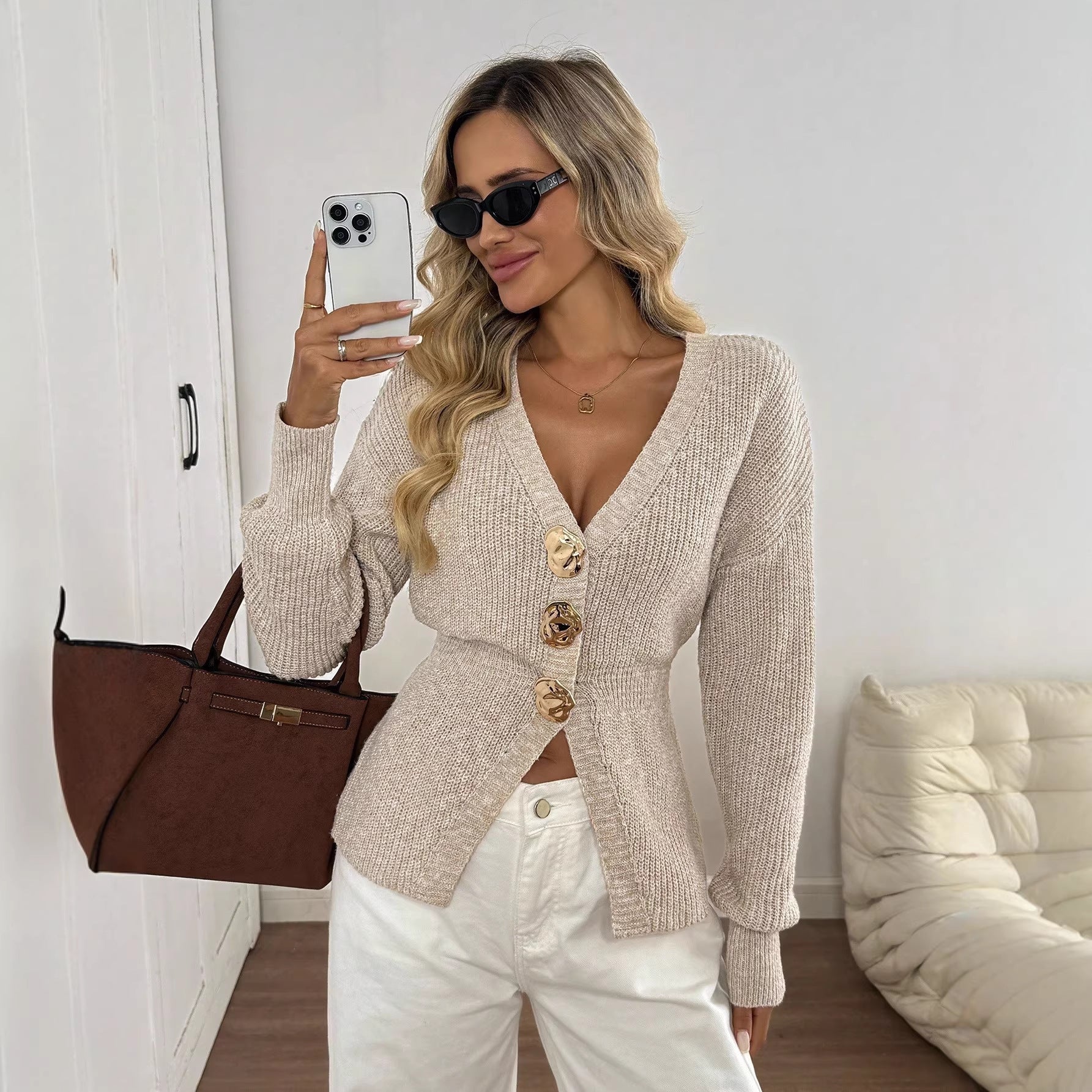 Poppy Hughes | V-Neck Button-Up Knit Cardigan