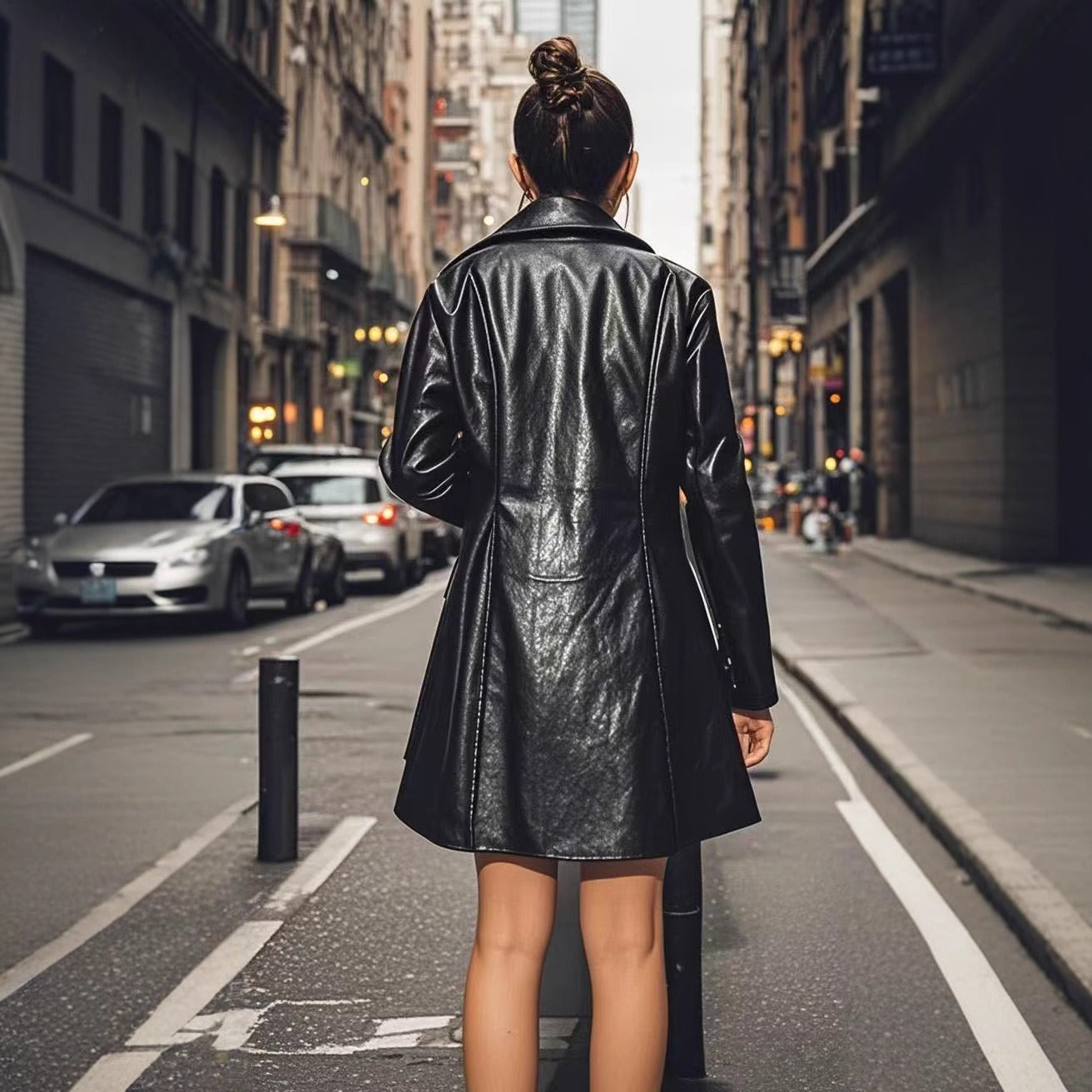Manteau mi-long Cordelia Whitfield en similicuir PU noir