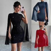 Vivienne Monroe | Glitter Cape Sleeve Mini Dress For Women