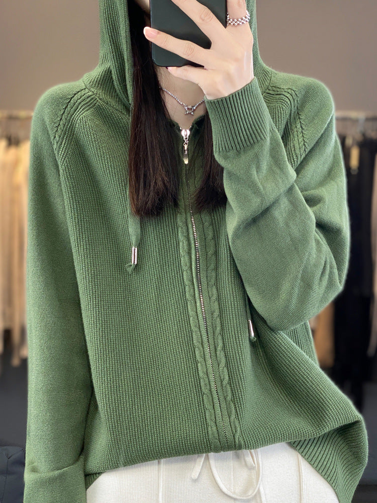 Harriet Turner | Beige Cable-Knit Zip-Up Hoodie Cardigan