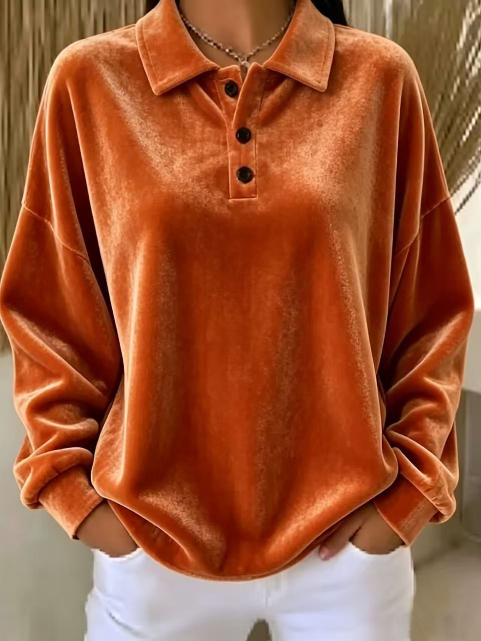 Victoria Cooper | Pink Velvet Long-Sleeve Polo Shirt